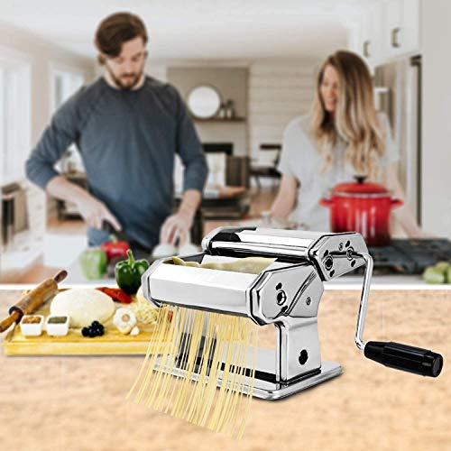 Máquina para hacer pasta Cortador de fideos 304 Acero inoxidable Manualmente Pasta Roller Machine Cutter (Plata)