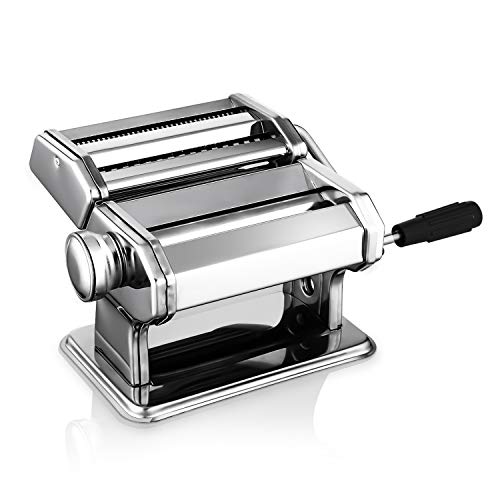 Máquina para hacer pasta de acero inoxidable, manual, ajustable, máquina para hacer pasta con cortador para espaguetis frescos, tagliatelle Fettuccine y lasaña, etc., 2 en 1, máquina para pasta, plata