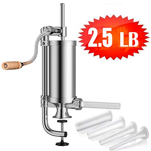 Máquina Salchichas de Acero Inoxidable - Práctica Máquina para Hacer Embutidos de Carne con Soporte Fijo y 4 Tubos de Rellenador - Capacidad 2.5 LB