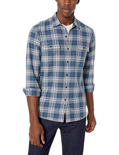 Marca Amazon – Goodthreads – Camisa de manga larga de espiga a cuadros de corte entallado para hombre, Azul (Dark Denim Plaid Dar), US S (EU S)