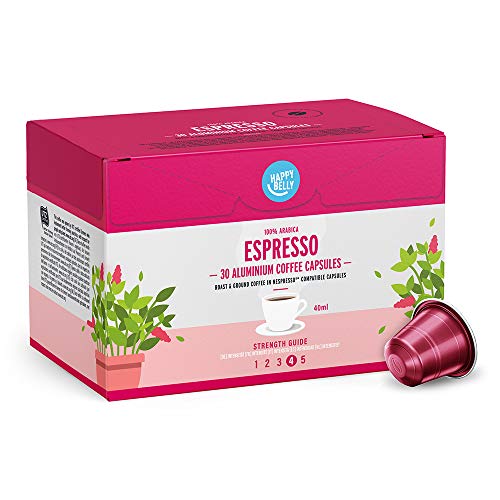 Marca Amazon - Happy Belly Espresso Café UTZ molido de tueste natural en cápsulas de aluminio compatibles con Nespresso, 120 cápsulas (4x30)