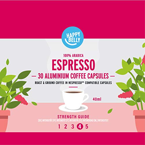 Marca Amazon - Happy Belly Espresso Café UTZ molido de tueste natural en cápsulas de aluminio compatibles con Nespresso, 120 cápsulas (4x30)