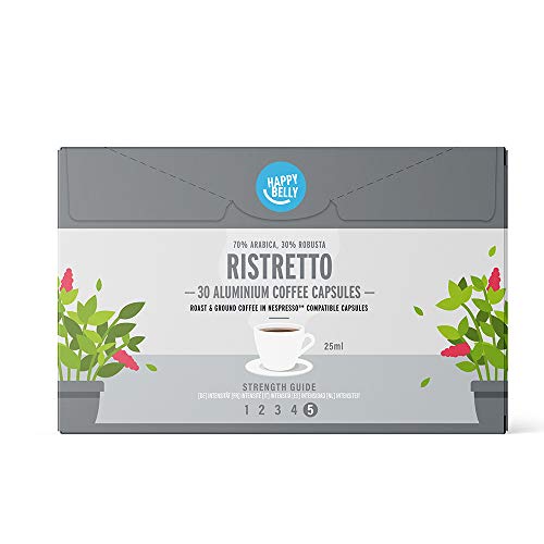 Marca Amazon - Happy Belly Ristretto Café UTZ molido de tueste natural en cápsulas de aluminio compatibles con Nespresso, 120 cápsulas (4x30)