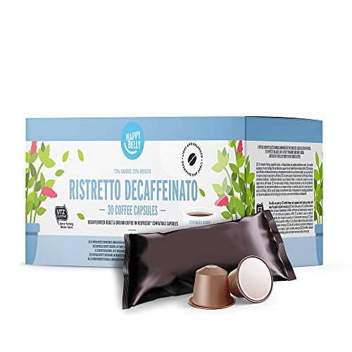 Marca Amazon - Happy Belly Ristretto Decaffeinato- Café UTZ molido de tueste natural descafeinado en cápsulas (compostables) compatibles con Nespresso, 30 cápsulas (3x10)