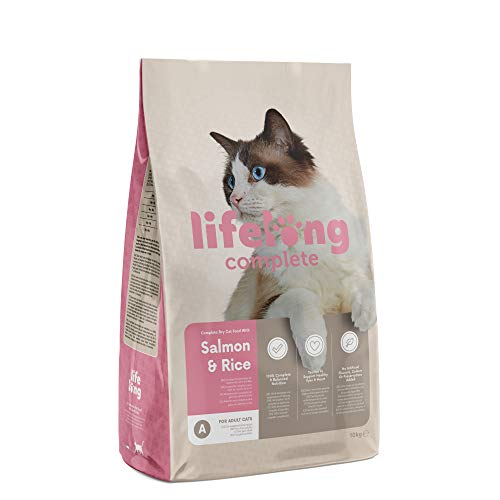 Marca Amazon - Lifelong Complete- Alimento seco completo para gatos adultos con salmón y arroz, 1 x 10 kg