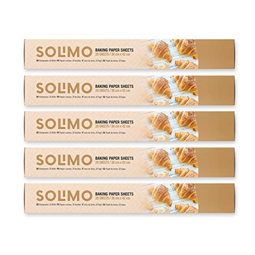 Marca Amazon - Solimo Papel de Horno en Hojas - 38 cm x 42 cm - 5 rollos de 20 hojas (Total 100 hojas)