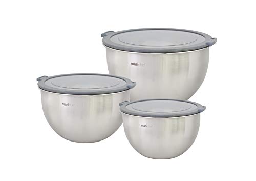 Mari Chef Set 3 Tazones de Mezcla Acero Inoxidable - Ensaladeras 1L 2.5L - 4.5L - Cuencos con Base de Silicona Antideslizante y Tapas - Preparación de Ensaladas, Recetas y Almacenamiento