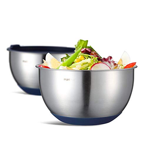 Mari Chef Set 5 Tazones de Mezcla Acero Inoxidable | Ensaladeras 1L-2L-2.5L-3L-4.5L | Cuencos con Rallador, Base de Silicona Antideslizante y Tapas | Preparación de Ensaladas, Recetas y Almacenamiento