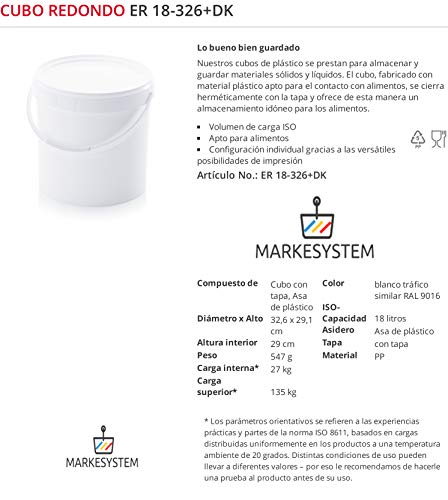 MARKESYSTEM - Cubo HERMÉTICO Catering - Pack de 2 X 18 litros - Cubos de Plástico con Tapa - Contenedores Apilables - Envasar Alimentos, Líquidos y Pinturas - Polipropileno Blanco + Kit Etiquetado