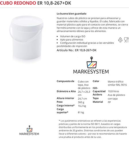 MARKESYSTEM - Cubo HERMÉTICO Catering - Pack de 5 X 10,8 litros - Cubos de Plástico con Tapa - Contenedores Apilables - Envasar Alimentos, Líquidos y Pinturas - Polipropileno Blanco + Kit Etiquetado