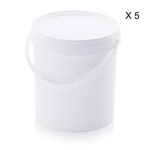 MARKESYSTEM - Cubo HERMÉTICO Catering - Pack de 5 X 10,8 litros - Cubos de Plástico con Tapa - Contenedores Apilables - Envasar Alimentos, Líquidos y Pinturas - Polipropileno Blanco + Kit Etiquetado