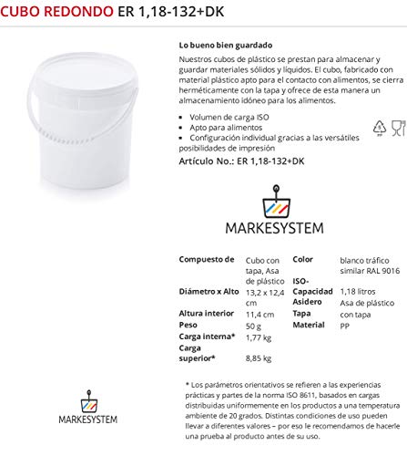 MARKESYSTEM - Cubo HERMÉTICO Catering - Pack de 5 X 1,18 litros - Cubos de Plástico con Tapa - Contenedores Apilables - Envasar Alimentos, Líquidos y Pinturas - Polipropileno Blanco + Kit Etiquetado