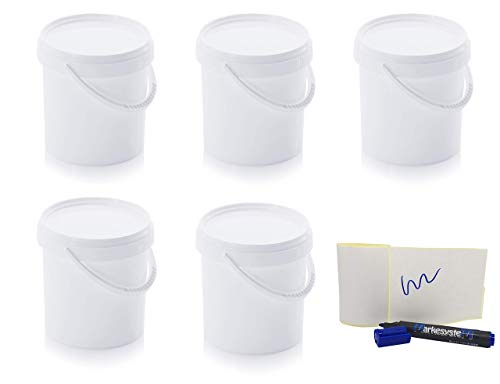 MARKESYSTEM - Cubo HERMÉTICO Catering - Pack de 5 X 1,18 litros - Cubos de Plástico con Tapa - Contenedores Apilables - Envasar Alimentos, Líquidos y Pinturas - Polipropileno Blanco + Kit Etiquetado
