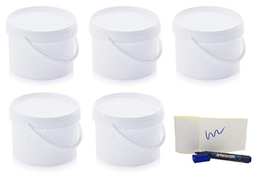 MARKESYSTEM - Cubo HERMÉTICO Catering - Pack de 5 X 4,4 litros - Cubos de Plástico con Tapa - Contenedores Apilables - Envasar Alimentos, Líquidos y Pinturas - Polipropileno Blanco + Kit Etiquetado