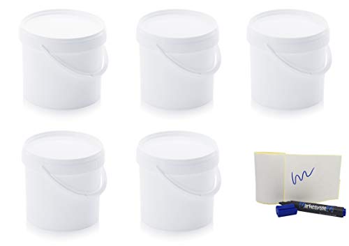 MARKESYSTEM - Cubo HERMÉTICO Catering - Pack de 5 X 8,6 litros - Cubos de Plástico con Tapa - Contenedores Apilables - Envasar Alimentos, Líquidos y Pinturas - Polipropileno Blanco + Kit Etiquetado