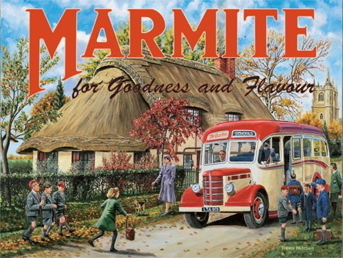 Marmite. Viejo vintage, retro anuncio con escuela autobús y a los niños. Campo ajuste Para casa, hogar, cocina, Café, tienda, pub o bar. Metal/Cartel De Acero Para Pared - 30 x 40 cm