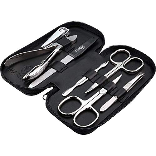 marQus set manicura de 7 piezas de Solingen Alemania - Set de manicura y pedicura en estuche de piel, 2 tijeras, cortaúñas, lima, retira-cutícula, alicate y pinza - kit de cuidado de uñas