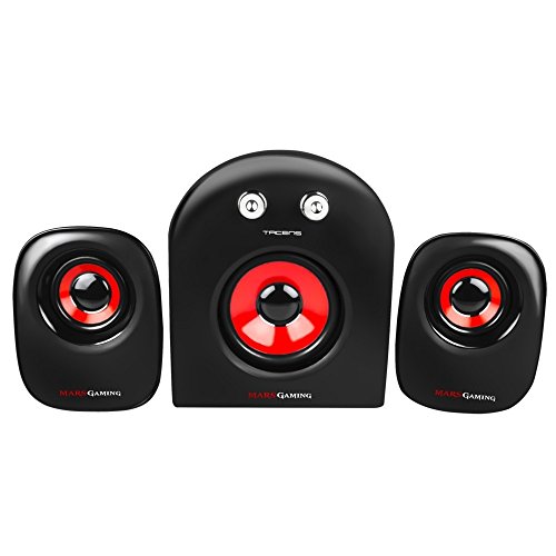 Mars Gaming MS2 - Altavoces gaming (20W potencia, 5 drivers / 3 activos y 2 pasivos, tamaño compacto,subwoofer para graves, USB, Jack 3.5mm, PC / Mac / Smartphone / Tablet), negro y rojo