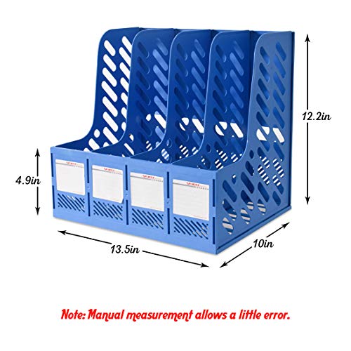 Marte Vanci - Revistero de 4 secciones de plástico resistente con marcos, separadores de archivos, archivador, documento, oficina, escuela, escritorio, caja organizadora, azul