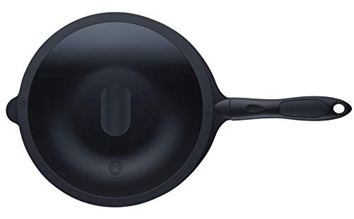 MasterChef - Wok ligero de aluminio fundido sin PFOA antiadherente apta para inducción con tapa de cristal, 28 cm