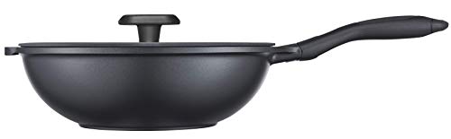 MasterChef - Wok ligero de aluminio fundido sin PFOA antiadherente apta para inducción con tapa de cristal, 28 cm