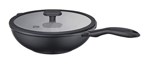 MasterChef - Wok ligero de aluminio fundido sin PFOA antiadherente apta para inducción con tapa de cristal, 28 cm