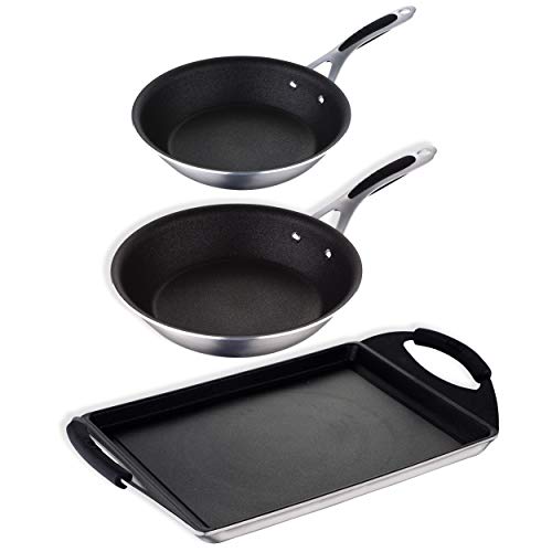 MasterPro PK1686 Set 2 sartenes + 1 Plancha asador Gravity-Ø16/Ø20 + 40 cms aptas para inducción, Aluminio Prensado