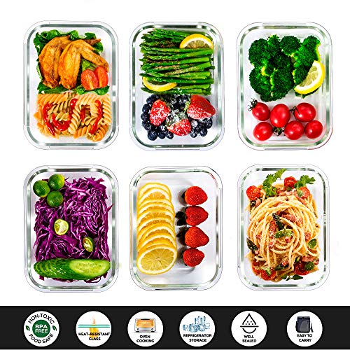 MASTERTOP 6 Contenedores de Almacenamiento de Alimentos de Vidrio/Lunch Bento Box Herméticos 12 piezas (6 Envases + 6 Tapas) Recipientes de Cristal Cocina Restaurante