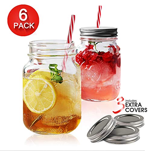 MASTERTOP Juego de 6 Vasos de Vidrio con Tapas y Pajitas 500ML Mason Jars Tarros de Cristal Botellas de Vidrio 100% Recicladas 3 Tapas de Cierre sin Poros Adicionales Cocina