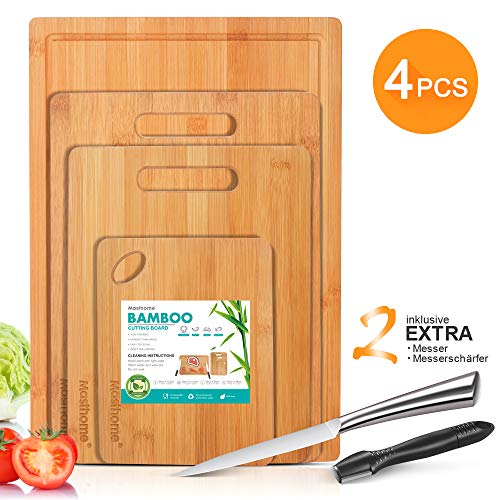 Masthome tabla de cortar de bambú con ranura para jugo y mango, ideal para carne, verduras, frutas - 1 afilador de cuchillos y 1 cuchillo como un regalo [4 piezas]