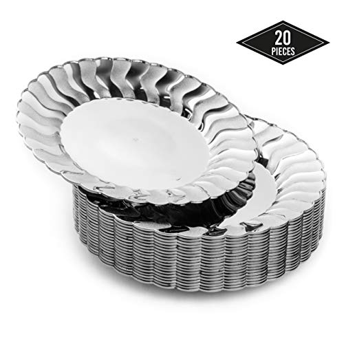 Matana 20 Platos Pequeños Desechables de Plástico Duro, Elegante Acabado Plateado, 19cm| Durable y Reutilizable| Vajilla de Plata Premium| Platos de Ensalada/Postre para Bodas Fiestas Cumpleaños.