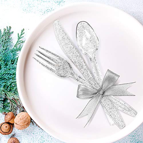 Matana 300 Cubiertos de Plástico Desechables, Brillo Plateado, Resistente, Práctico y Sin BPA - 100 Cuchillos 100 Tenedores 100 Cucharas| para Bodas Fiestas Cumpleaños Navidad.