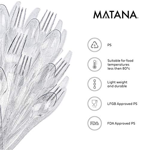 Matana 300 Cubiertos de Plástico Desechables, Brillo Plateado, Resistente, Práctico y Sin BPA - 100 Cuchillos 100 Tenedores 100 Cucharas| para Bodas Fiestas Cumpleaños Navidad.