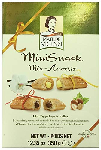 Matilde Vicenzi Mini Snacks 7 rollos de hojaldre envueltos individualmente rellenos con crema pastelera y cremas de avellana