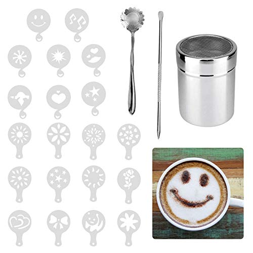 Matogle 23 Pcs Set Cappuccino Stencil Set Cocoa Sprinkler Barista Pen Cuchara metálica Plantillas de café Utensilios para barista Latte Herramientas de decoración Pastel de espuma