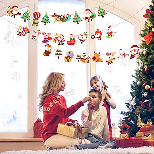 Matogle 7pcs Guirnalda Navidad Banner Bunting Merry Christmas Dibujo Animado Papá Noel Árbol de Navidad Reno Bandera Decorativo Colgar en Techo Pared Adorno Navideño Colgante 2.7m