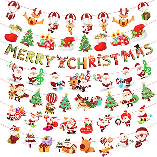 Matogle 7pcs Guirnalda Navidad Banner Bunting Merry Christmas Dibujo Animado Papá Noel Árbol de Navidad Reno Bandera Decorativo Colgar en Techo Pared Adorno Navideño Colgante 2.7m