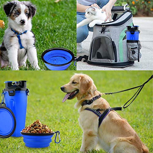 MATT SAGA Botella de Agua para Perros Portatil Envase de Comida para Perros con 2 Plegable Tazones para Perros Gatos Mascotas Adecuado para al Aire Libre Caminar Viajar (Azul)