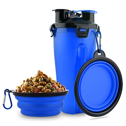 MATT SAGA Botella de Agua para Perros Portatil Envase de Comida para Perros con 2 Plegable Tazones para Perros Gatos Mascotas Adecuado para al Aire Libre Caminar Viajar (Azul)