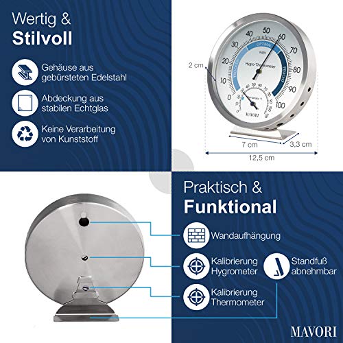 MAVORI® Higrómetro termómetro analógico - Termómetro de Interiores y medidor de Humedad en el Interior de Acero Inoxidable para un Control del Clima Interior fiable y cómodo - Nuevo Modelo