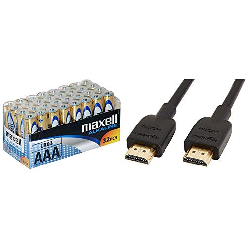 Maxell LR03 - Pilas AAA, 32 Unidades + AmazonBasics - Cable HDMI 2.0 de Alta Velocidad (Ethernet, 3D, vídeo 4K y ARC, 0,91 m, estándar más Reciente)