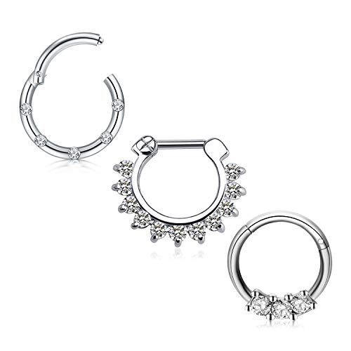 Mayhoop Piercing Nariz Aros Anillo Septum Acero Quirurgico 16G Plata Piercing Cartílago Daith Tragus Helix Anillo Segmentado Clicker Piercing de Oreja Labio Joyería Piercing 3Pcs