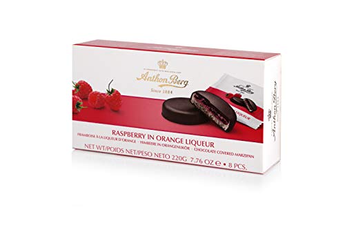 mazapán de pasteles con relleno y revestimiento de chocolate Anton Berg – Frambuesa en Naranjas licor (8 unidades. /220 g) Danés spezialität