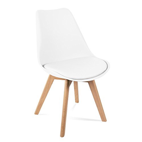 Mc Haus LENA - Pack 4 sillas Blancas Tulip Comedor oficina, Sillas Madera nórdicas con patas de madera y Asiento Acolchado suave, respaldo ergonómico, Blanco, 83x49x53,5cm