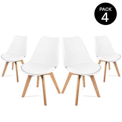 Mc Haus LENA - Pack 4 sillas Blancas Tulip Comedor oficina, Sillas Madera nórdicas con patas de madera y Asiento Acolchado suave, respaldo ergonómico, Blanco, 83x49x53,5cm