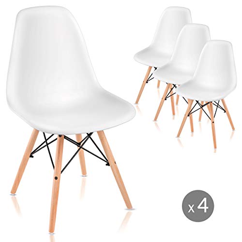 Mc Haus SAONA - Pack 4 Sillas Blancas diseño Nórdico, Asiento Comedor Cocina Terraza con patas Madera de haya 82x46x51cm