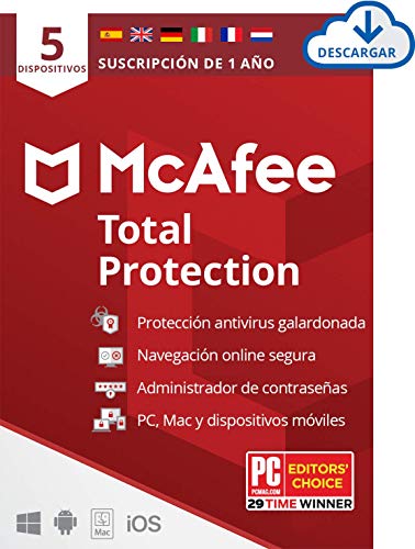 McAfee Total Protection 2020, 5 Dispositivos, 1 Año, Software Antivirus, Seguridad de Internet, Manager de Contraseñas, Seguridad Móvil, Compatible con PC/Mac/Android/iOS, Edición Europea, Descargable