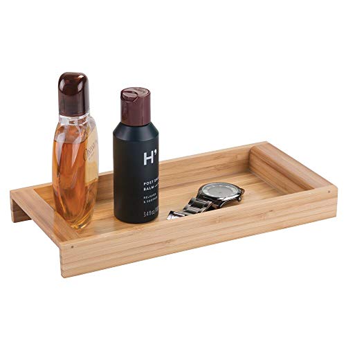 mdesign Bandeja de bambú – Original recipiente para objetos pequeños – Bandeja decorativa de material natural, ideal para baño o como vaciabolsillos, joyero o tarjetero – 13 cm x 28,2 cm x 3,1 cm