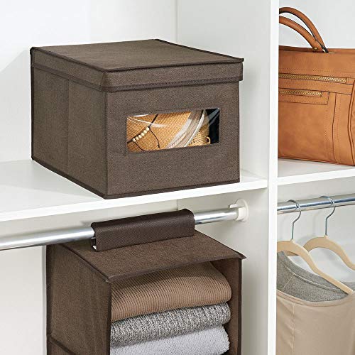 mDesign Caja de almacenamiento apilable con ventana para el armario y el dormitorio – Caja organizadora grande con tapa fabricada en fibra sintética – Organizador de ropa – marrón espresso