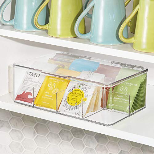 mDesign Caja para té con 8 compartimentos – Caja para bolsas de té con tapa abatible para proteger el contenido – Caja de plástico para guardar té e infusiones – transparente